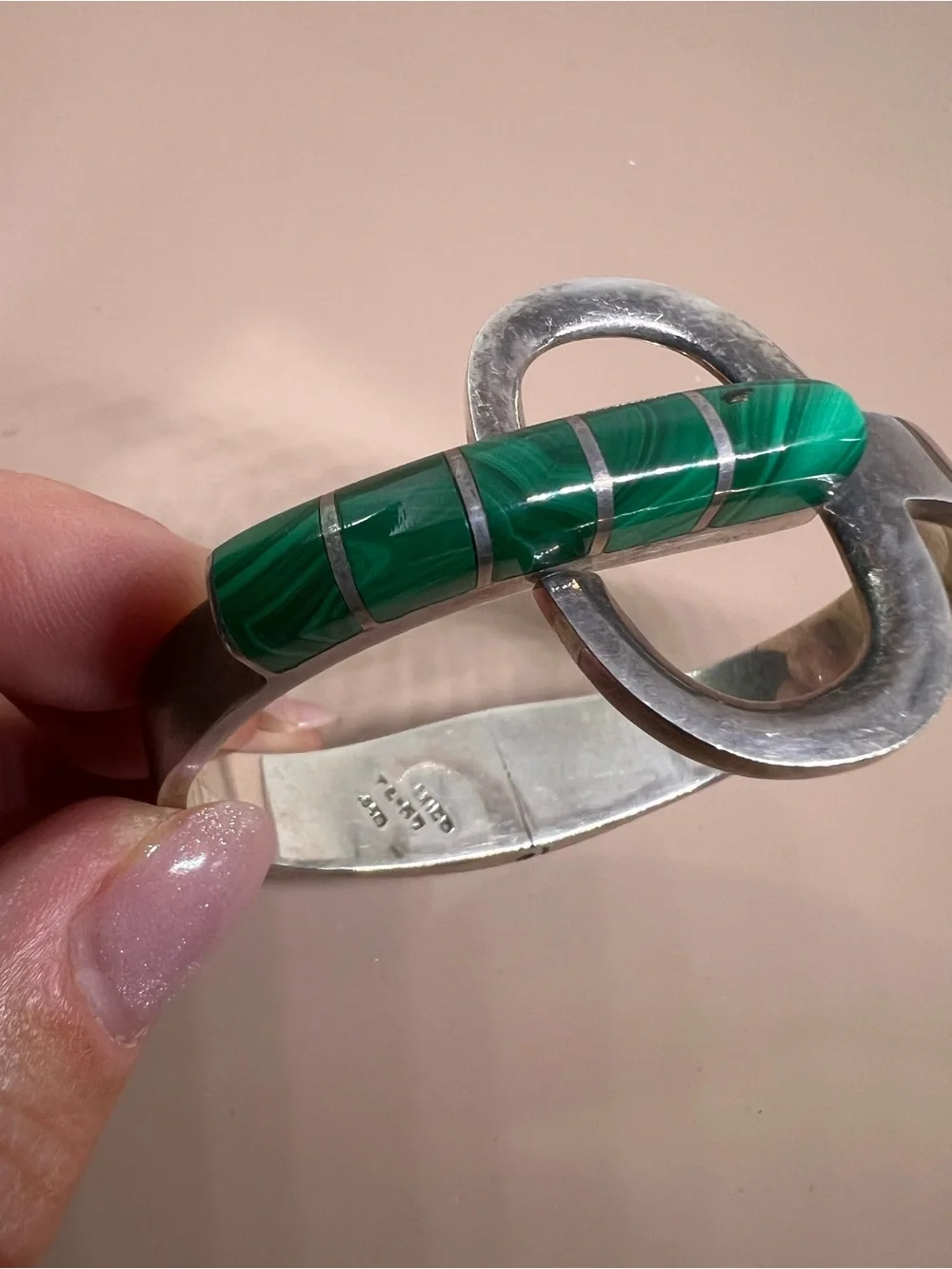 950 Silver Cuff Bracelet with Green Malachite Inlay